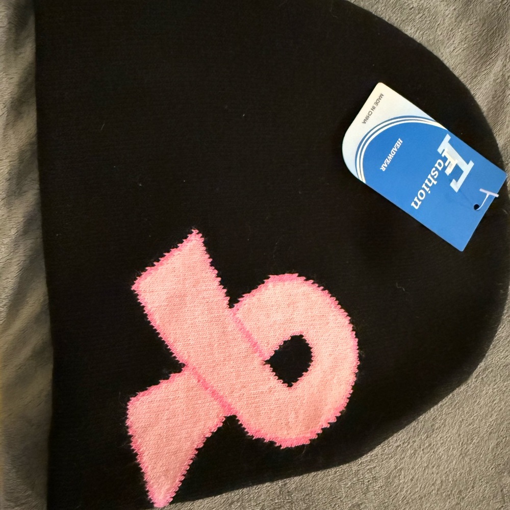 Black Beanie with Pink Ribbon
